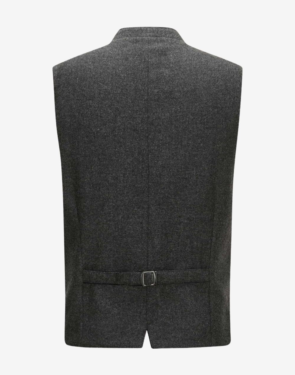 Back view of mens charcoal grey German vest showcasing smooth rear panel, adjustable buckle strap, structured silhouette and classic Bavarian Trachten styling for Oktoberfest wear.