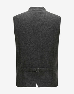 Back view of mens charcoal grey German vest showcasing smooth rear panel, adjustable buckle strap, structured silhouette and classic Bavarian Trachten styling for Oktoberfest wear.