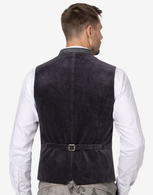 Back view of charcoal velvet mens Bavarian vest showing adjustable back strap and tailored fit for traditional alpine wear.