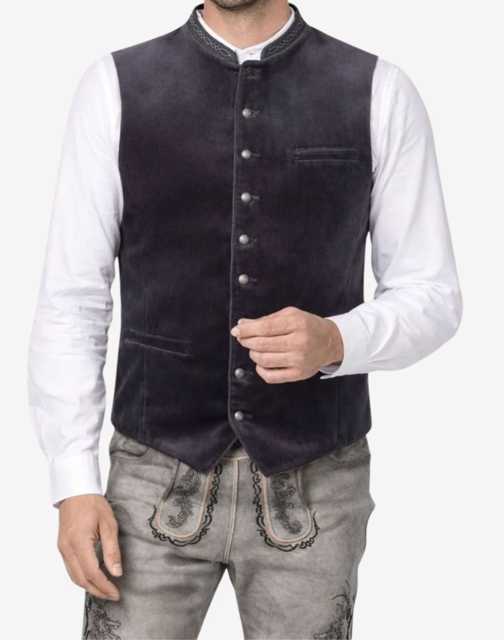 Close view of charcoal velvet mens Bavarian vest featuring traditional metal buttons, soft velvet texture and classic alpine design.
