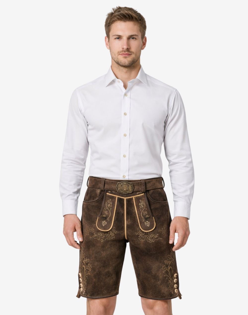 Model wearing classic alpine lederhosen for men in brown leather with traditional Bavarian embroidery and belt buckle