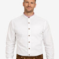 Model wearing classic alpine shirt for men showing front view, white fabric, traditional buttons and Bavarian fit style