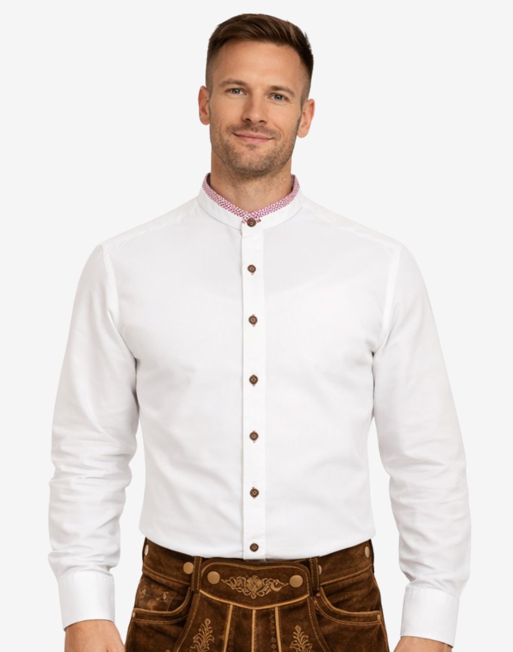 Model wearing classic alpine shirt for men showing front view, white fabric, traditional buttons and Bavarian fit style