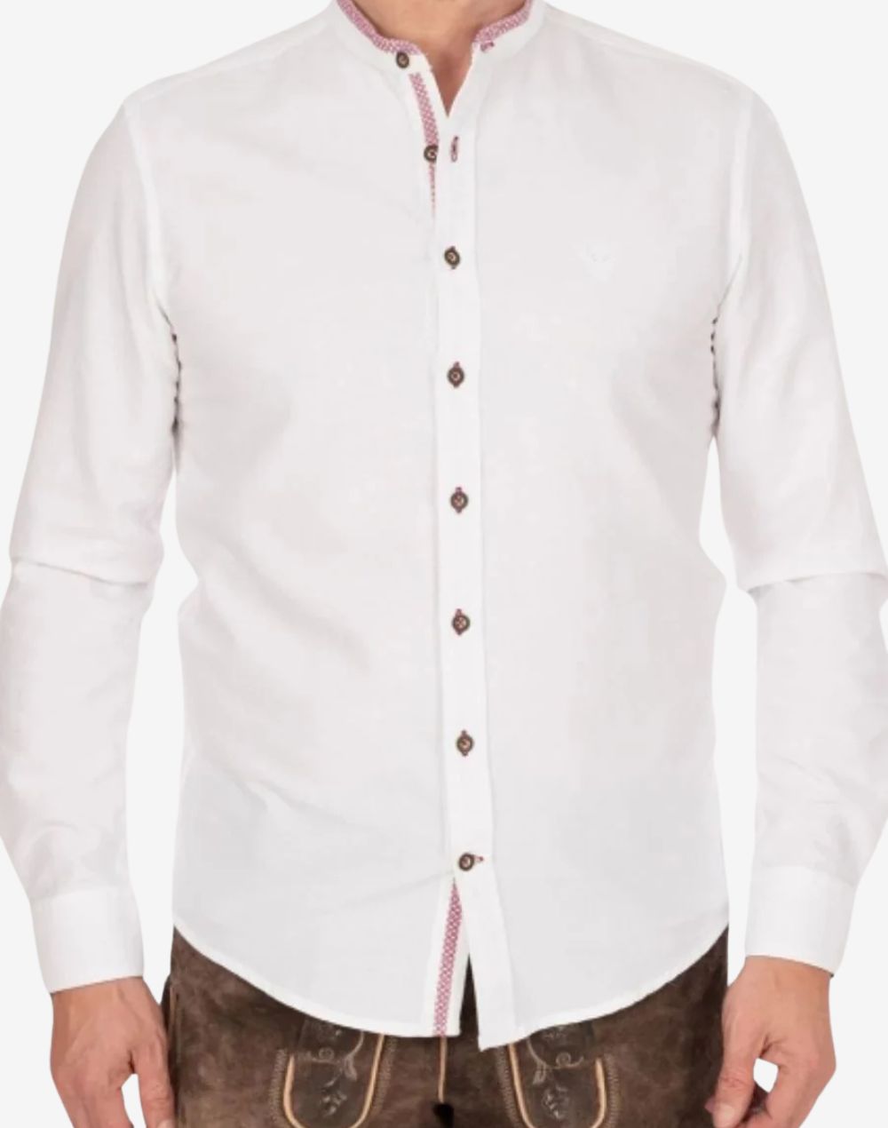 Model wearing classic alpine shirt for men highlighting traditional collar style, decorative buttons and authentic Bavarian outfit look