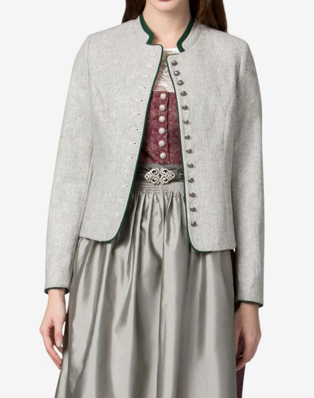 Women’s traditional light grey Bavarian dirndl jacket with green trim, stand collar, and decorative button front, worn over a classic dirndl dress with pleated skirt.