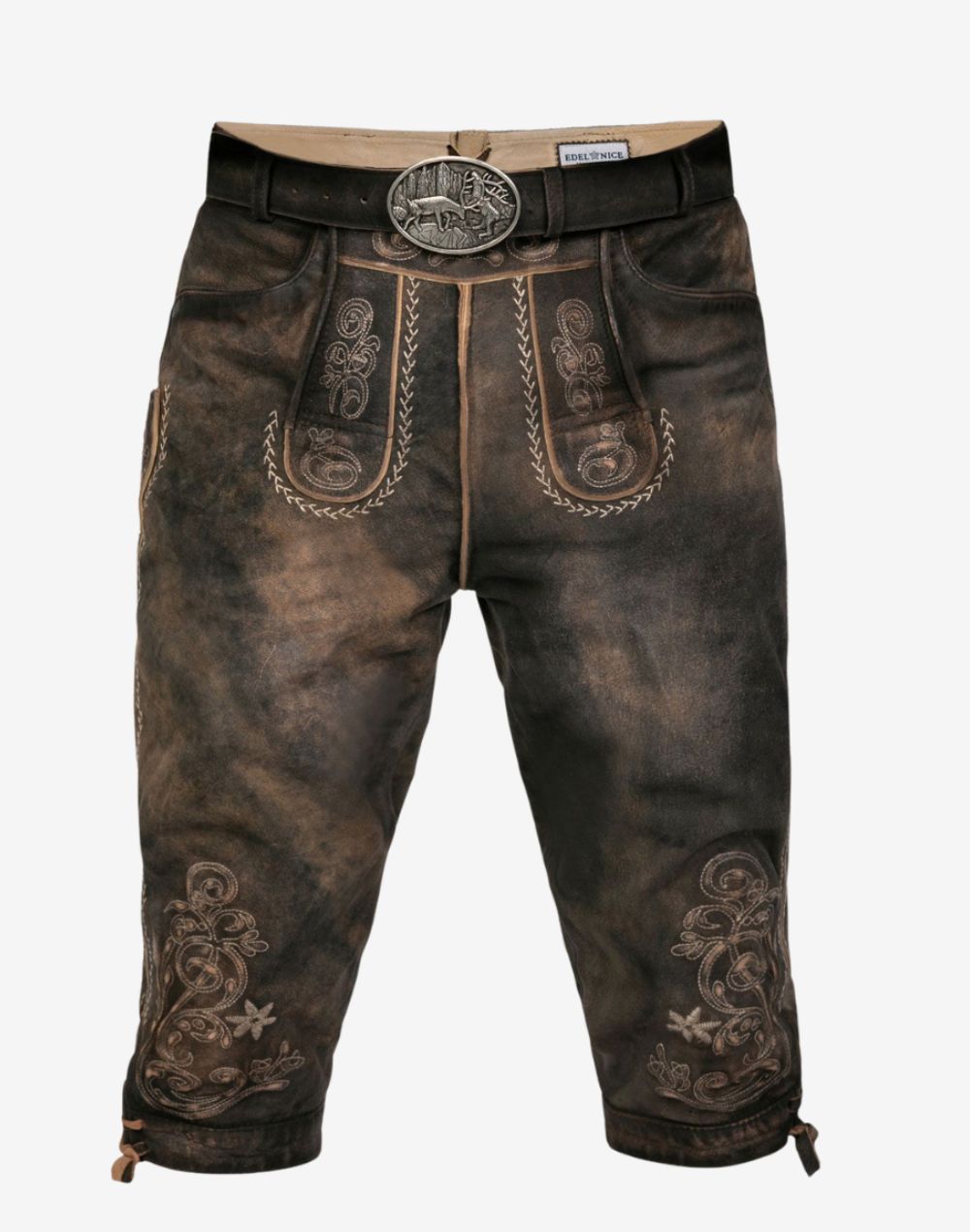 Front view of classic Bavarian bundhosen shorts showing embroidered leather panels, belt detail and traditional knee-length design