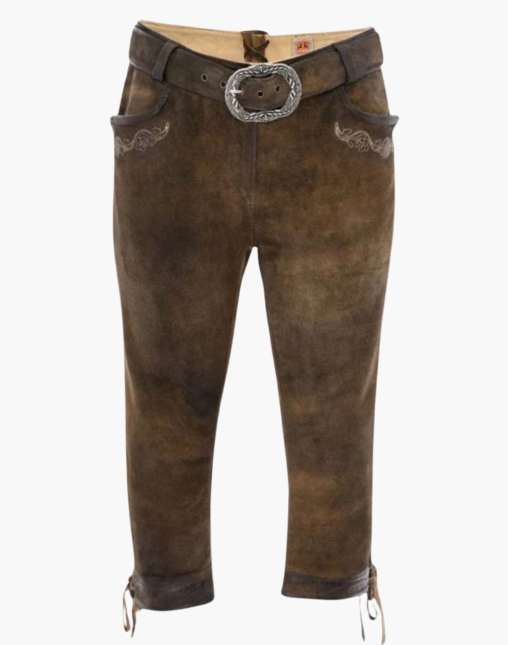 Brown leather bundhosen with a belt and decorative buckle on a white background