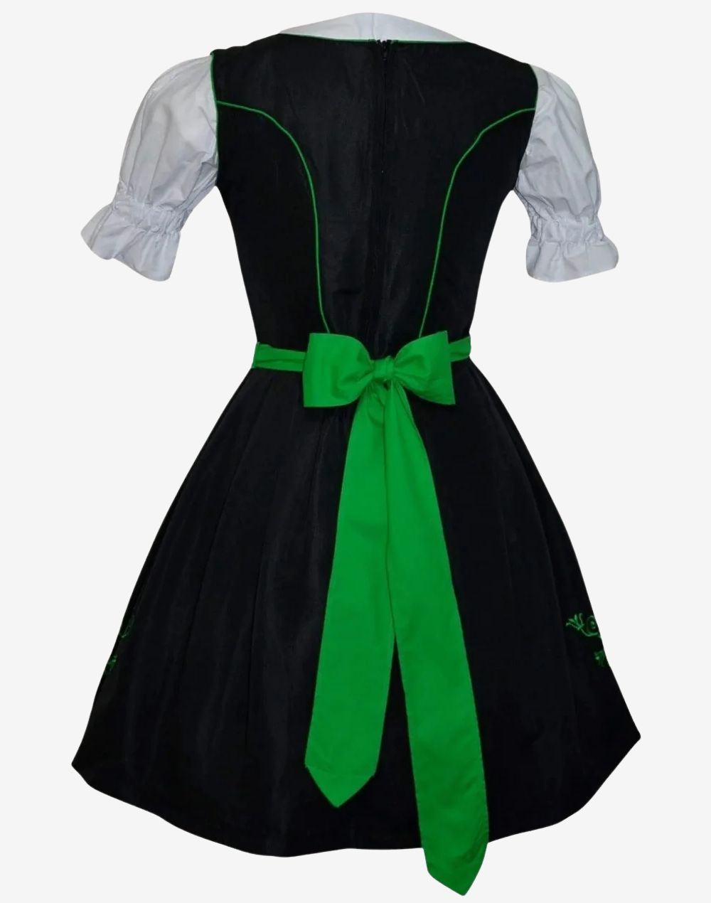 Back view of Bavarian dirndl dress showing fitted bodice, green waist bow tie and traditional structured skirt silhouette