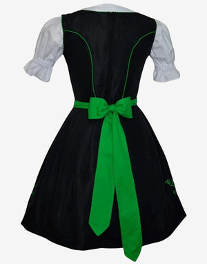 Back view of Bavarian dirndl dress showing fitted bodice, green waist bow tie and traditional structured skirt silhouette