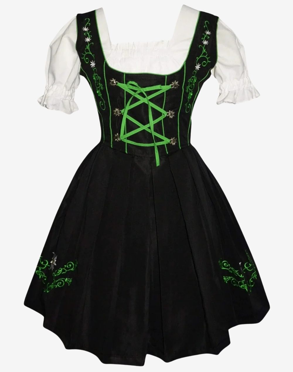 Front view of dirndl dress highlighting black skirt, green lace corset front and embroidered alpine floral design accents