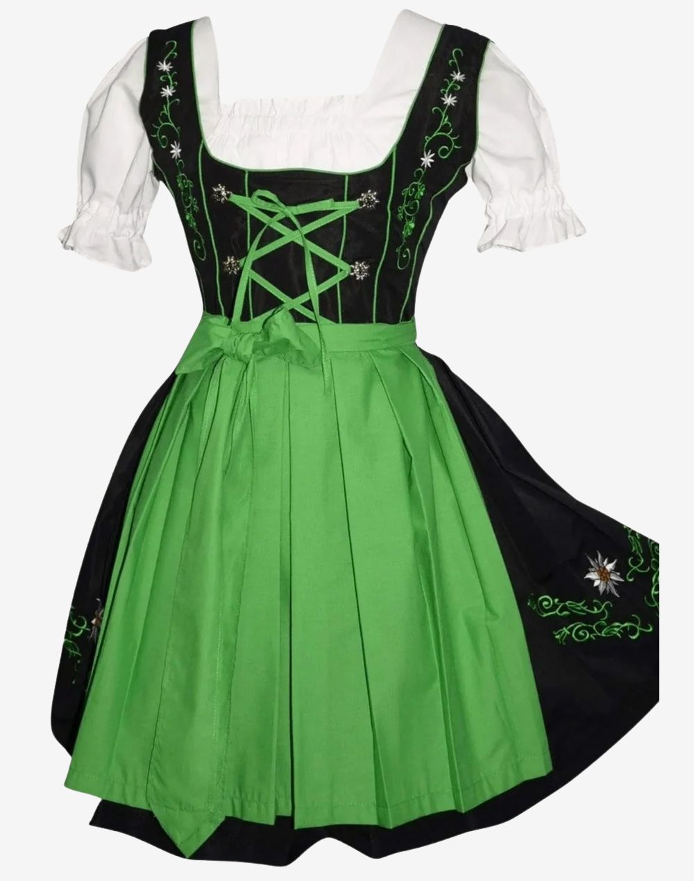 classic Bavarian dirndl dress for women with green apron, lace blouse, corset bodice and floral embroidery
