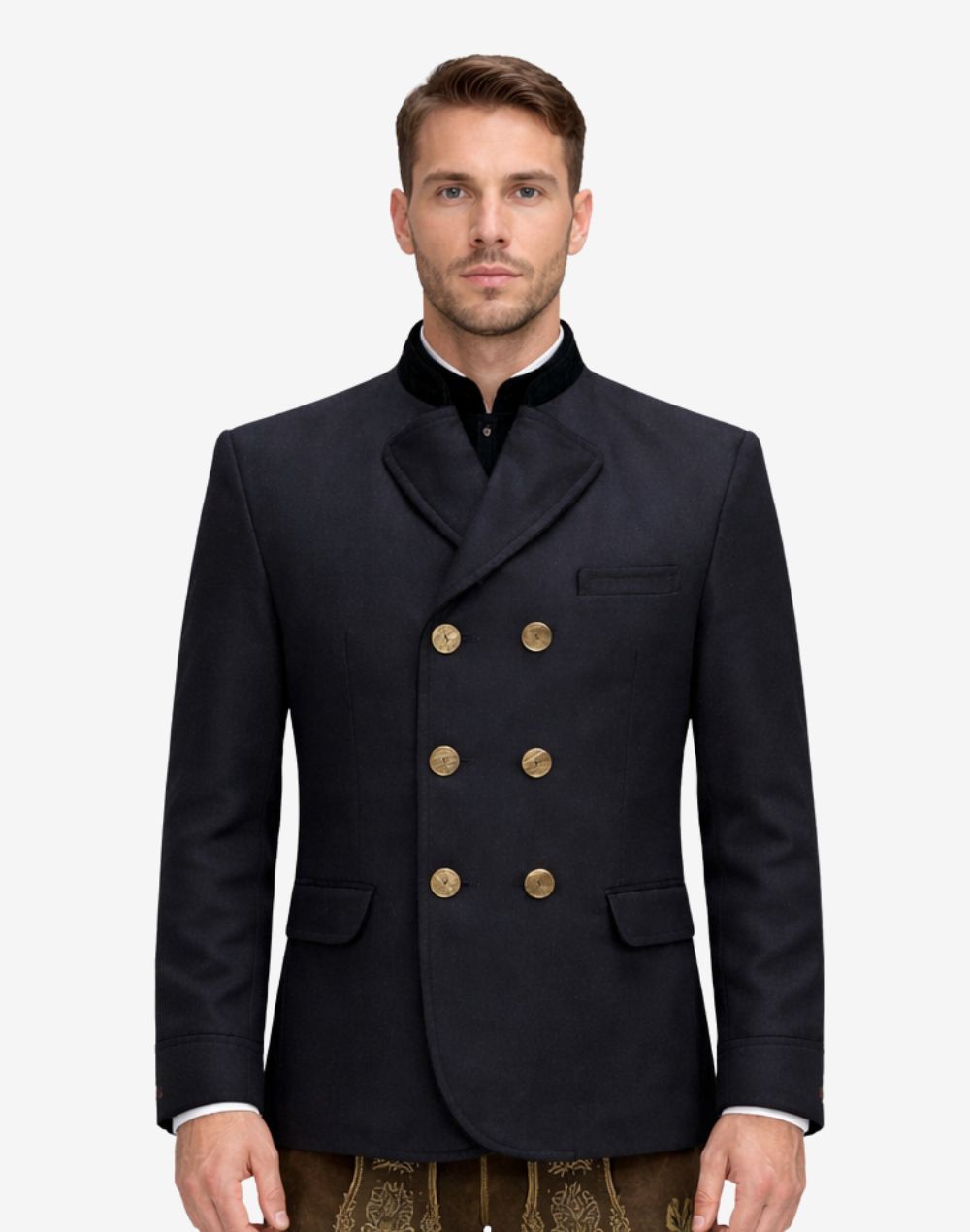 Front view of model wearing Classic Bavarian Jacket for Men in navy with double breasted design and brass buttons