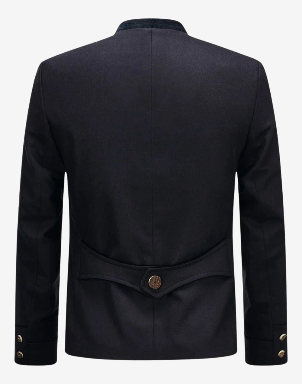 Back view of classic Bavarian jacket for men showing structured rear panel, clean tailoring and authentic German alpine fit style