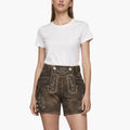 Woman wearing a white t-shirt and brown leather shorts on a white background