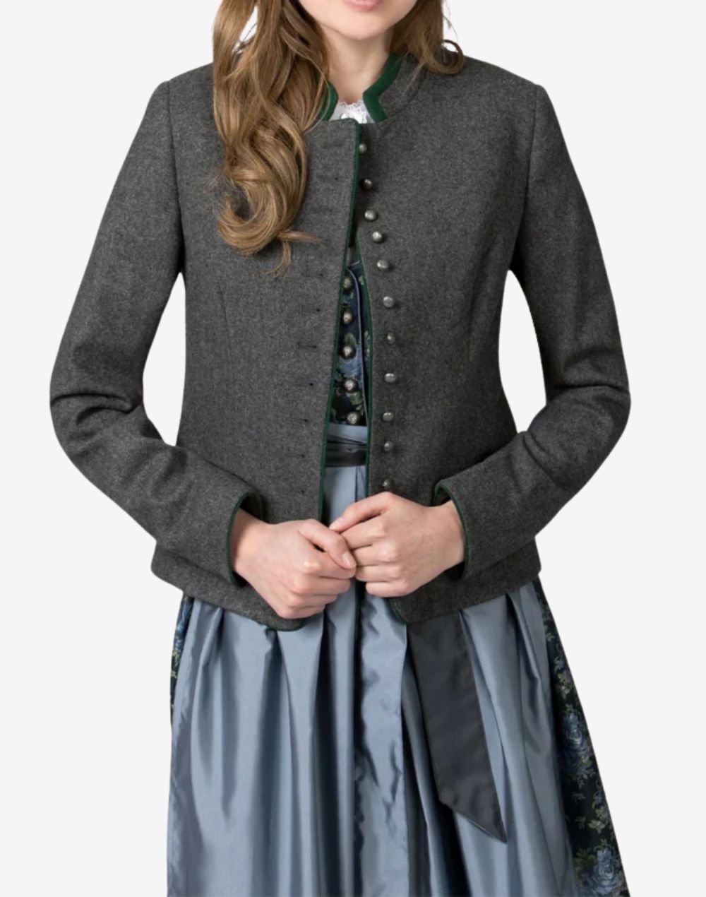 Front view of a women’s charcoal grey Bavarian trachten jacket with green trim, stand collar, and decorative metal button closure in a tailored traditional Alpine style.