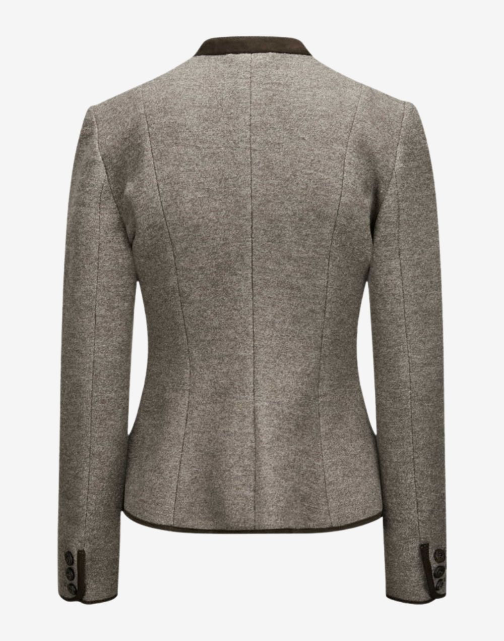 Back view of a women’s stone beige wool trachten jacket with a stand collar, fitted tailored seams, long sleeves with buttoned cuffs, and a classic Alpine heritage design.