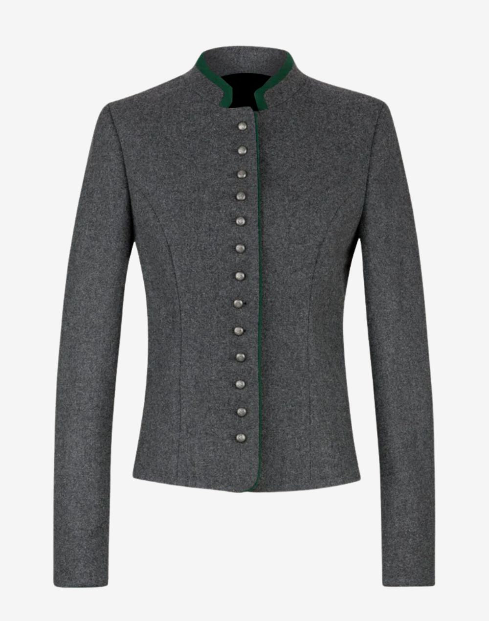 Front view of a women’s dark grey traditional Bavarian trachten jacket with green trim, button-front detail, and tailored fit, styled over a dirndl dress.