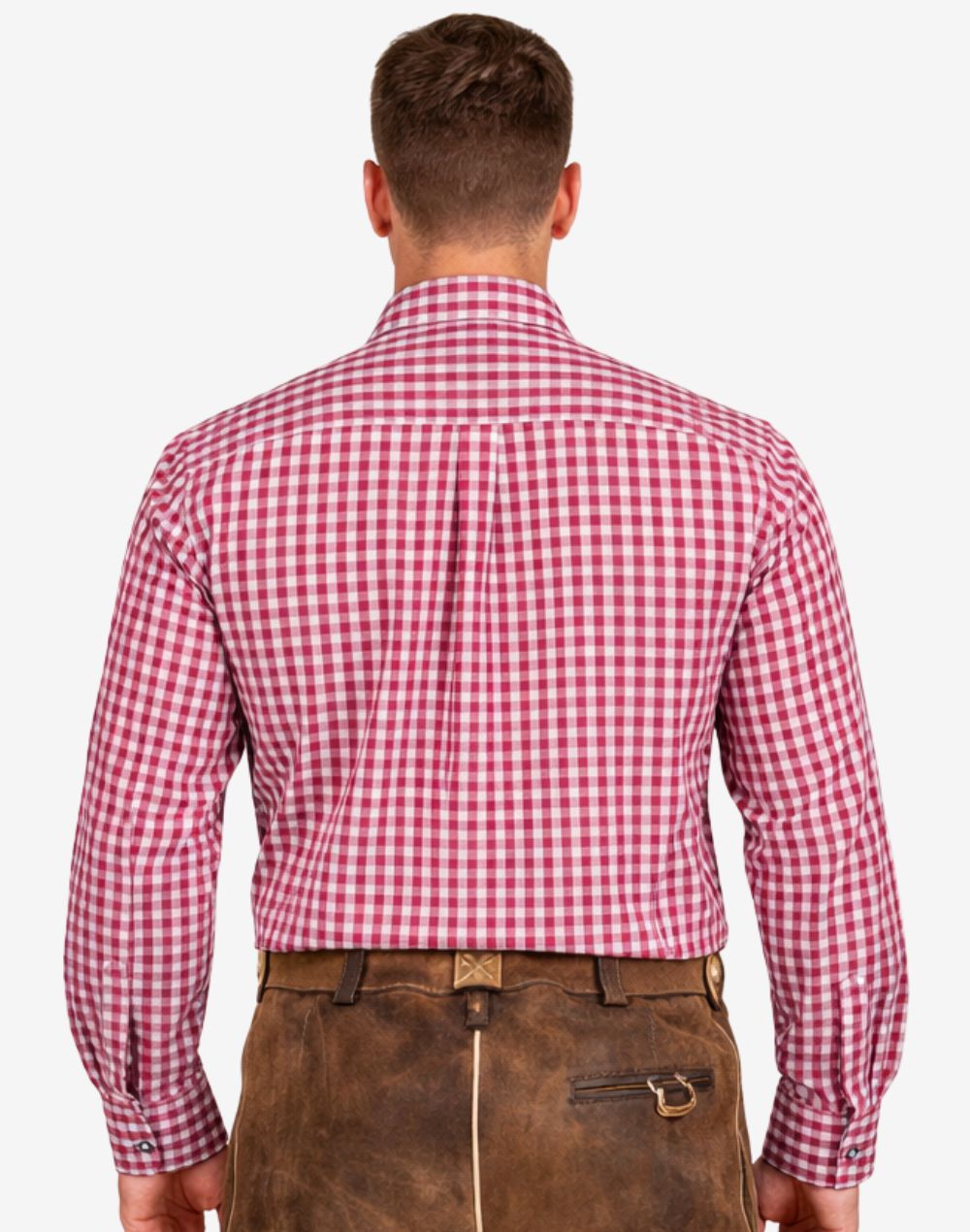 Model wearing Classic Bavarian Trachten Shirt back view displaying red check fabric, rear stitching and tailored Bavarian fit