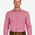Model wearing Classic Bavarian Trachten Shirt front view in red check pattern showing button front and fitted Oktoberfest style