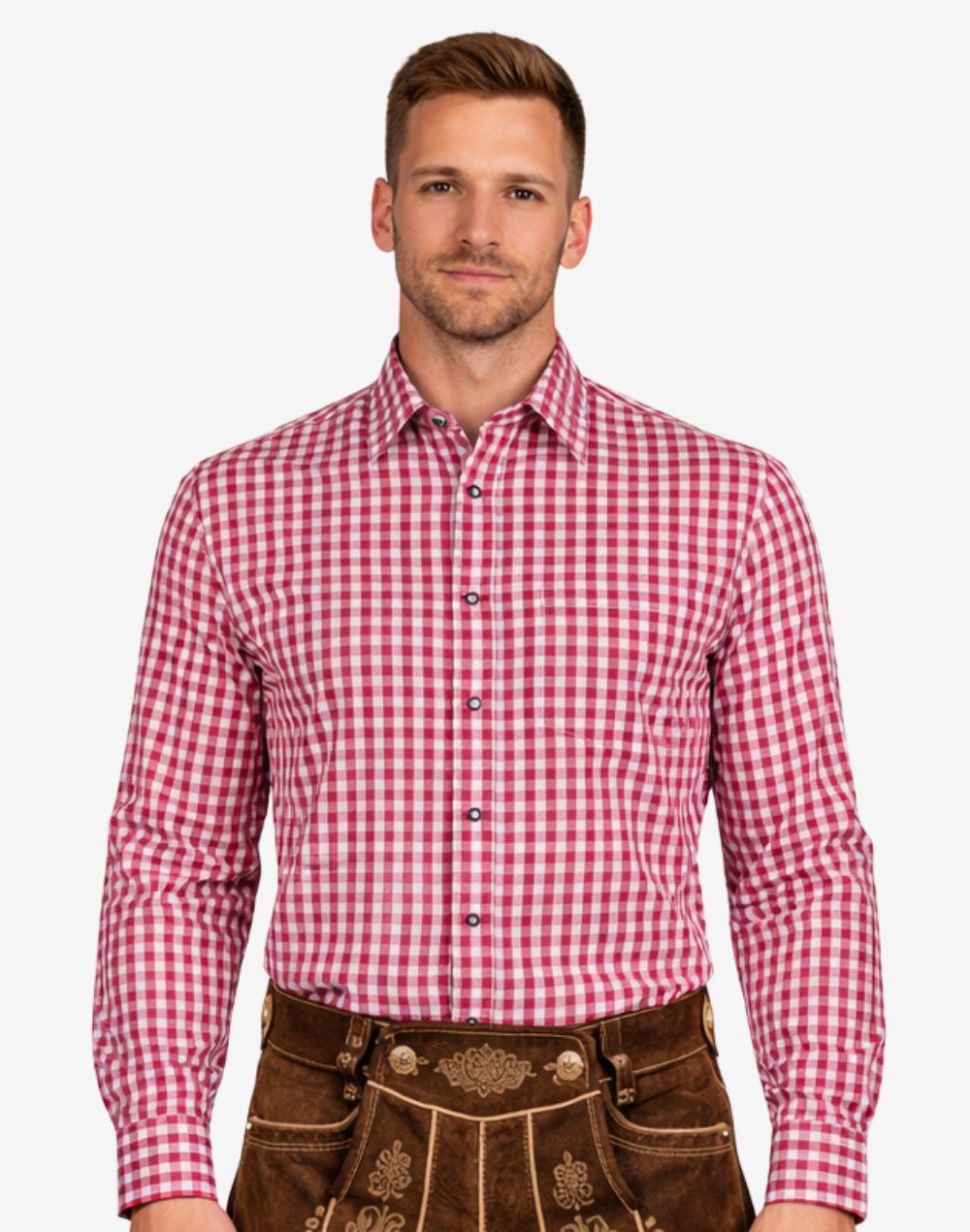 Model wearing Classic Bavarian Trachten Shirt front view in red check pattern showing button front and fitted Oktoberfest style