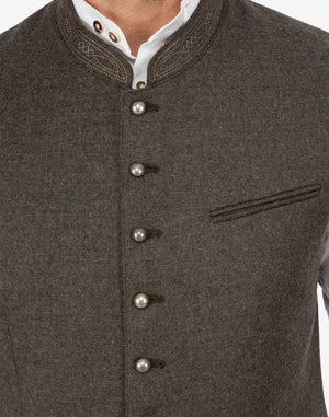 Front product view of classic Bavarian vest for men displaying clean tailoring, traditional buttons and authentic alpine design details