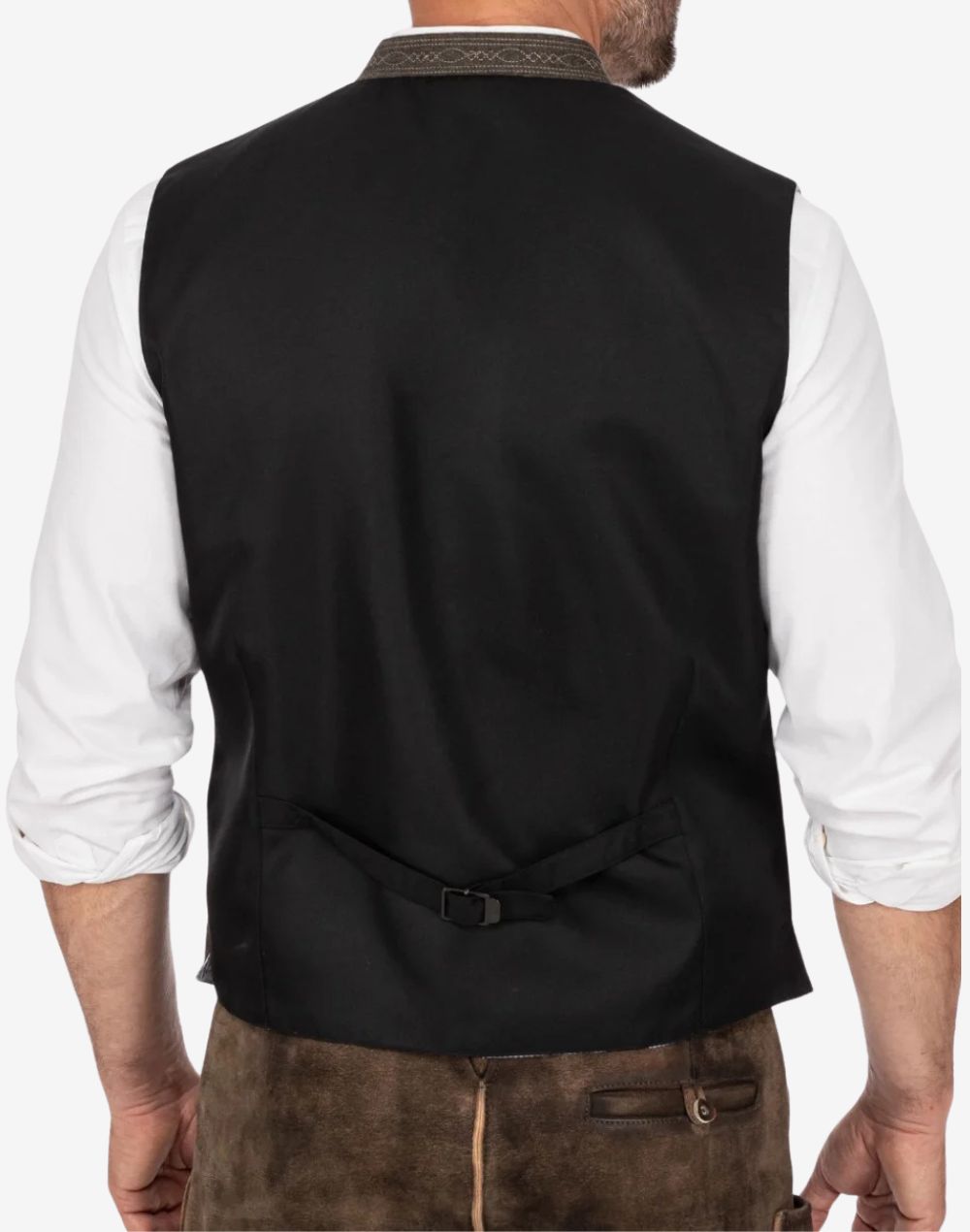 Back view of classic Bavarian vest for men featuring adjustable waist strap, traditional tailoring and textured alpine fabric finish