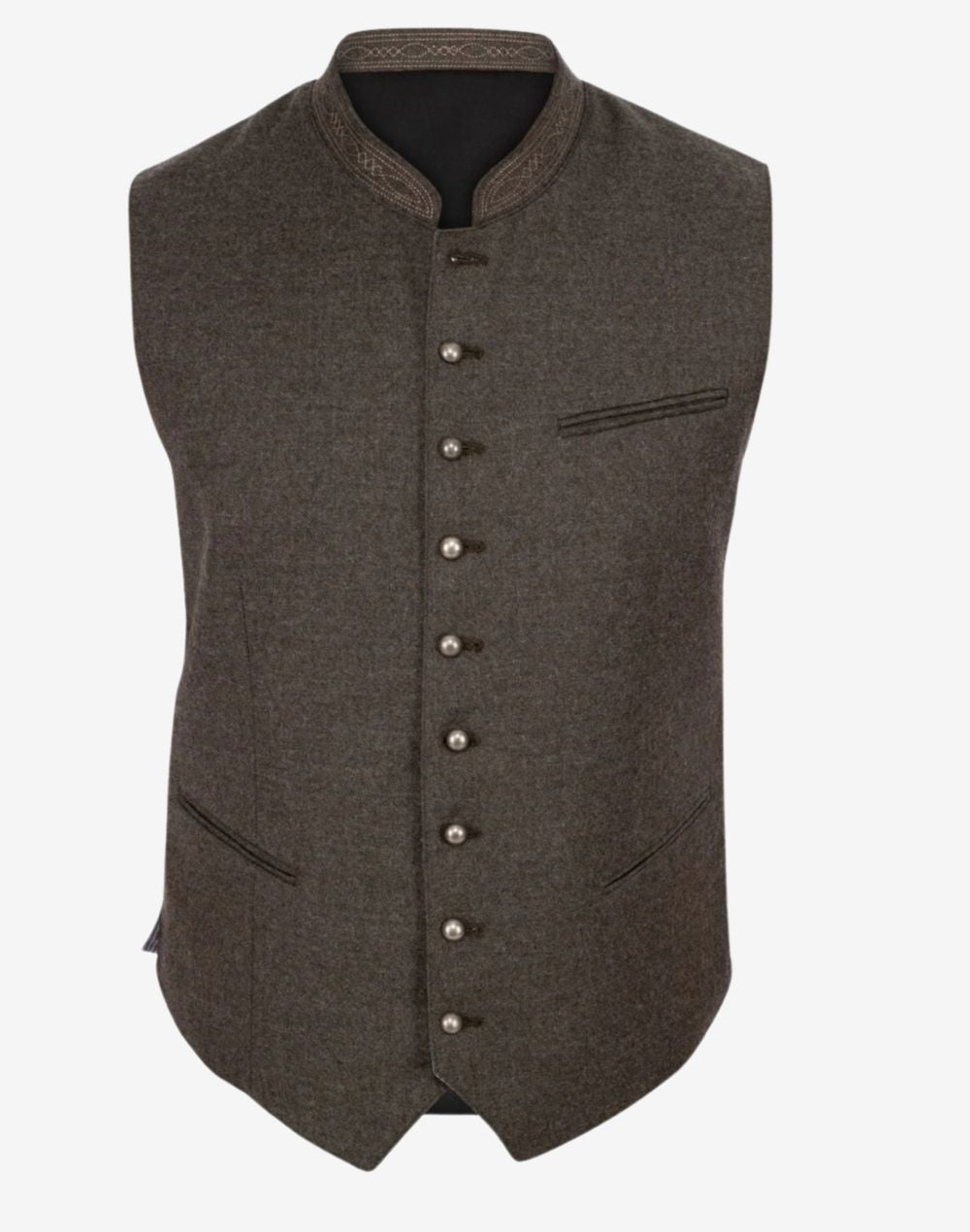 lassic Bavarian vest for men displaying clean tailoring, traditional buttons and authentic alpine design details