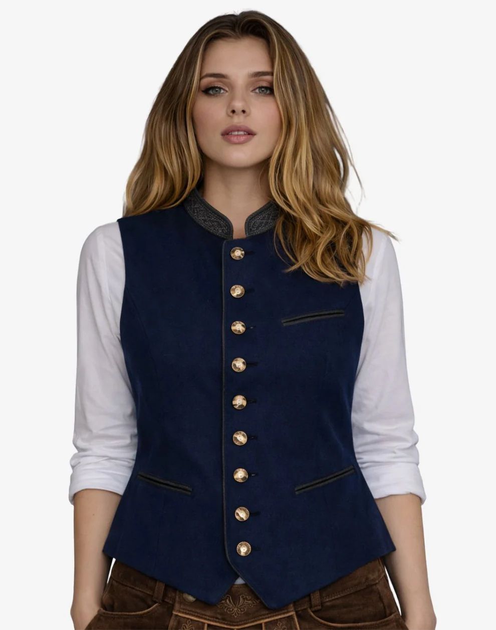 Woman wearing a navy blue vest with gold buttons on a white background