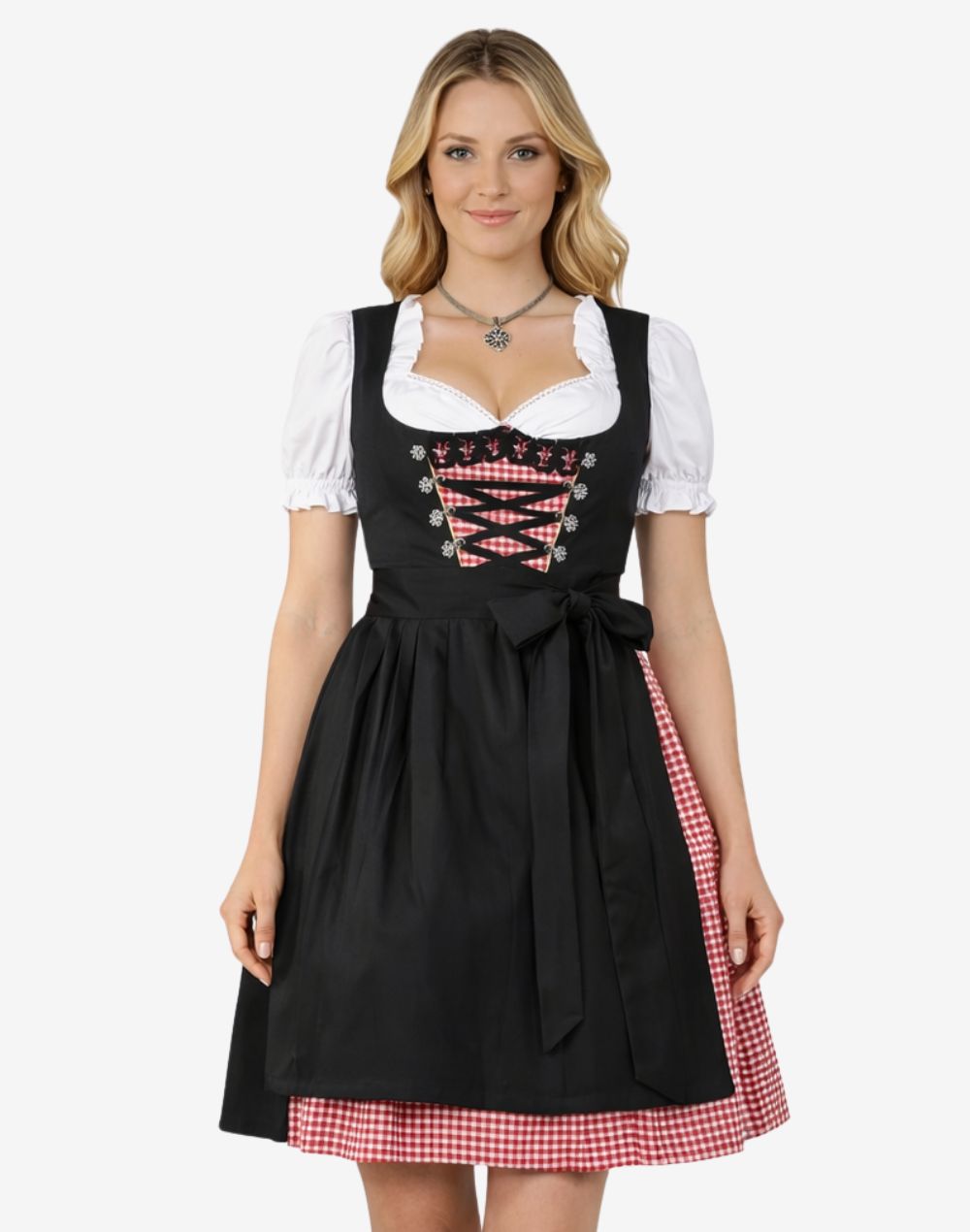 Front view of classic black Oktoberfest dirndl dress featuring lace-up bodice, pink gingham panel and traditional apron bow