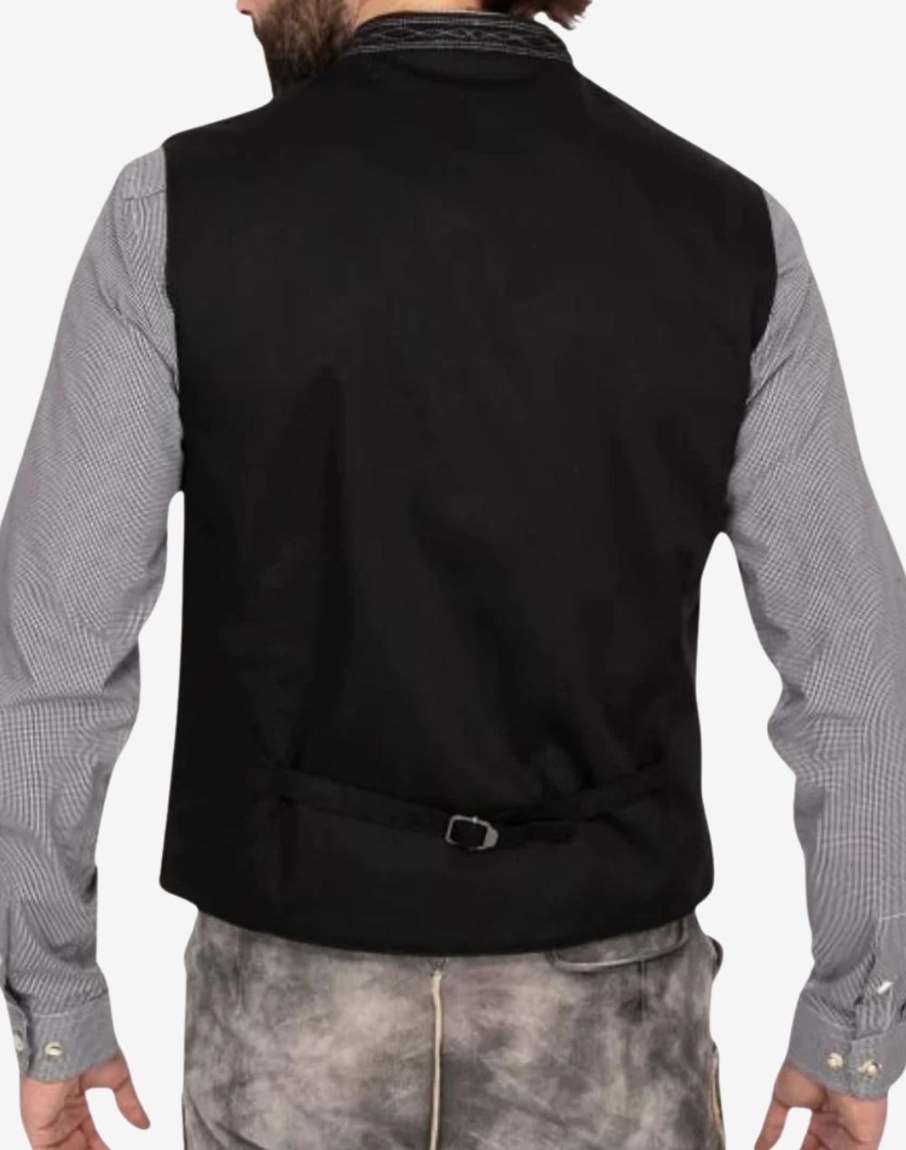 Back view of classic black wool Bavarian vest for men with adjustable strap and tailored Alpine fit.