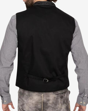 Back view of classic black wool Bavarian vest for men with adjustable strap and tailored Alpine fit.