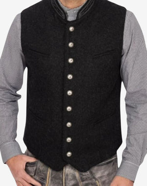 Front view of classic black wool Bavarian vest for men featuring traditional Trachten design, button front closure, and clean minimalist style.