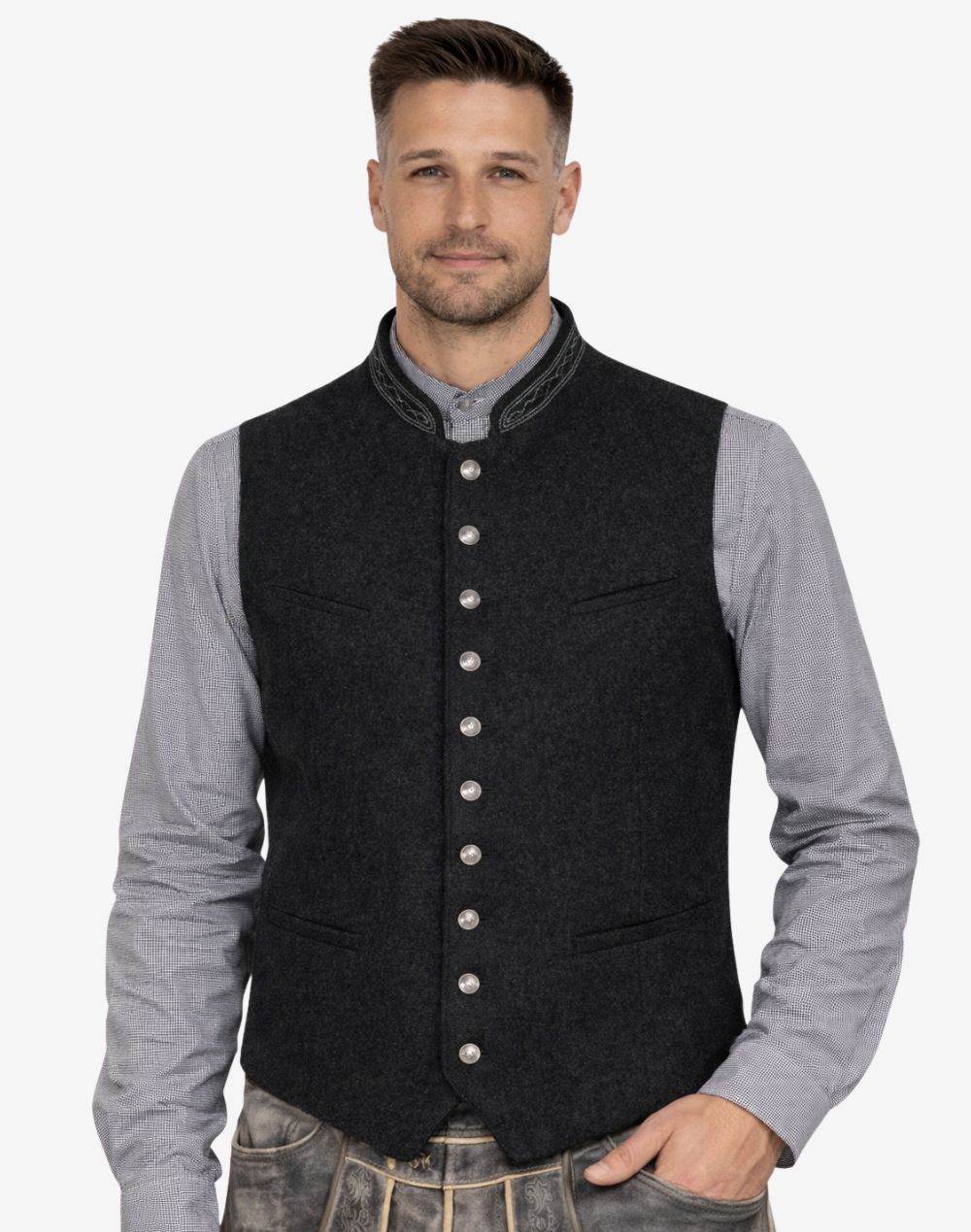 Male model wearing classic black wool Bavarian vest paired with traditional attire, ideal for Oktoberfest and formal Alpine occasions.