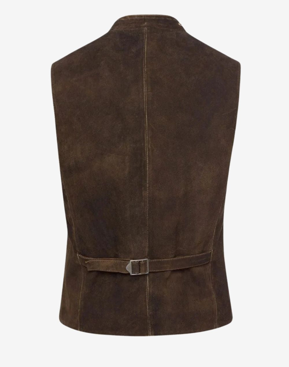 Back view of classic brown Alpine embroidered vest with adjustable strap and traditional Bavarian tailoring for a fitted look.
