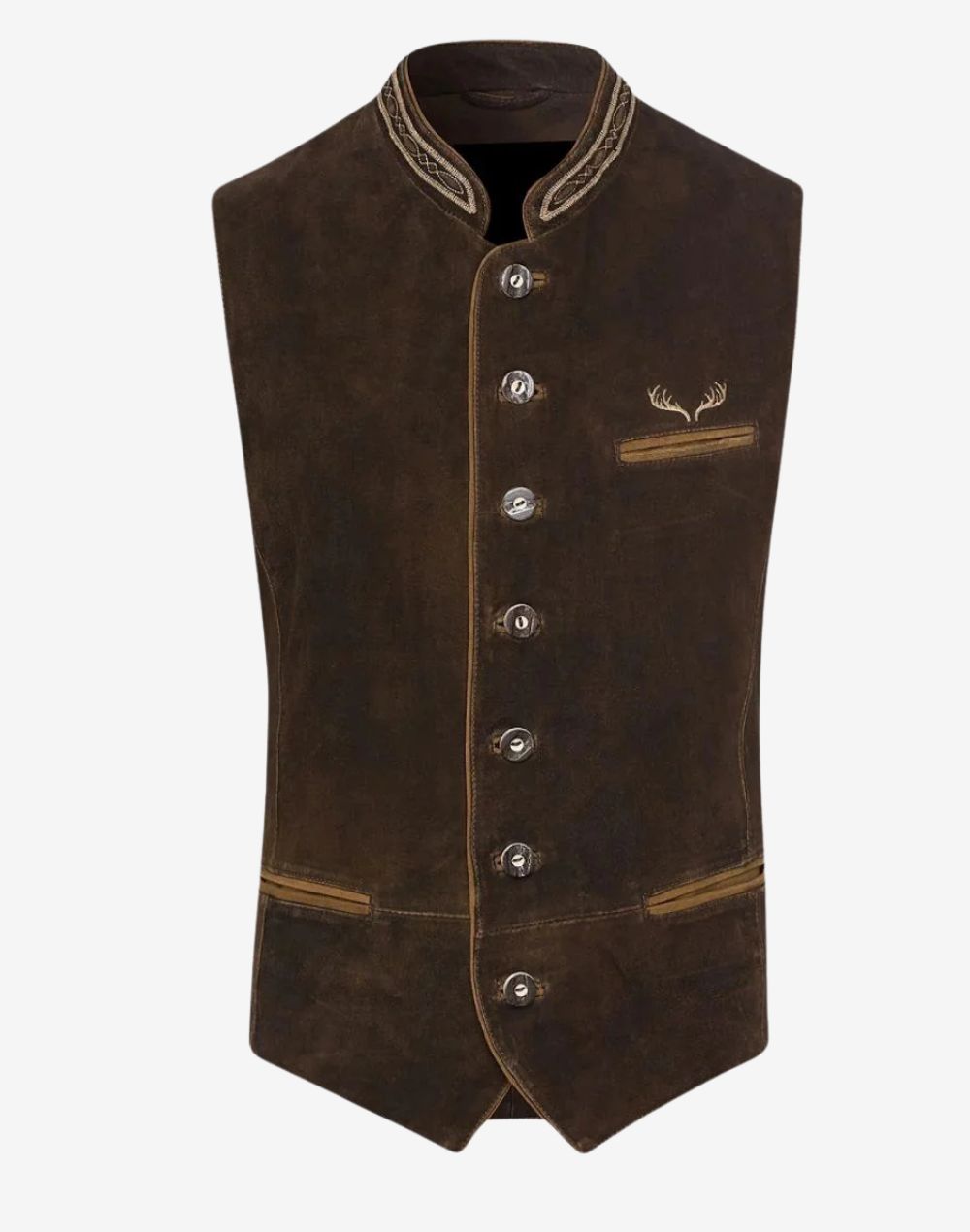 Front view of classic brown Alpine embroidered vest featuring traditional Trachten design, decorative buttons, and embroidered chest detail.