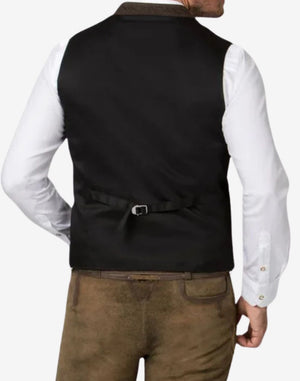 Back view of mens brown wool Trachten vest showcasing smooth black lining, adjustable strap, clean stitching and structured fit for traditional Bavarian Oktoberfest clothing.