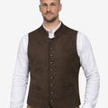 Model wearing classic brown wool mens Trachten vest paired with white shirt and lederhosen, highlighting traditional Bavarian style, premium material and authentic Oktoberfest outfit look.