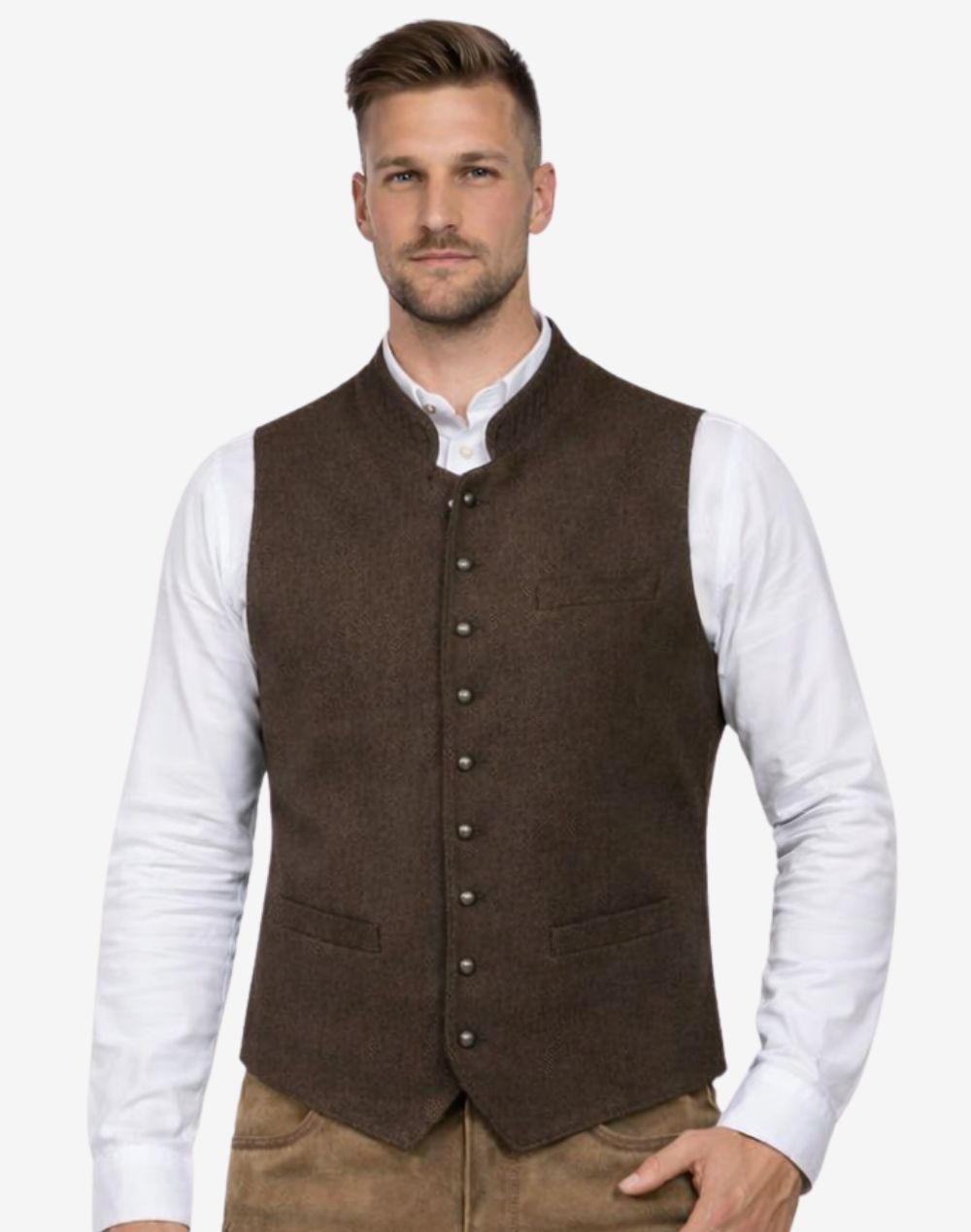 Model wearing classic brown wool mens Trachten vest paired with white shirt and lederhosen, highlighting traditional Bavarian style, premium material and authentic Oktoberfest outfit look.