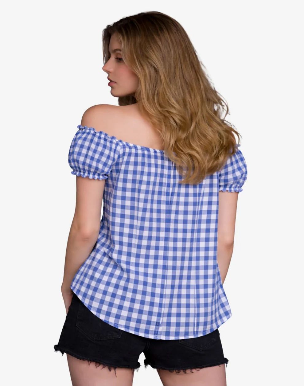Woman wearing a blue and white checkered top on a white background