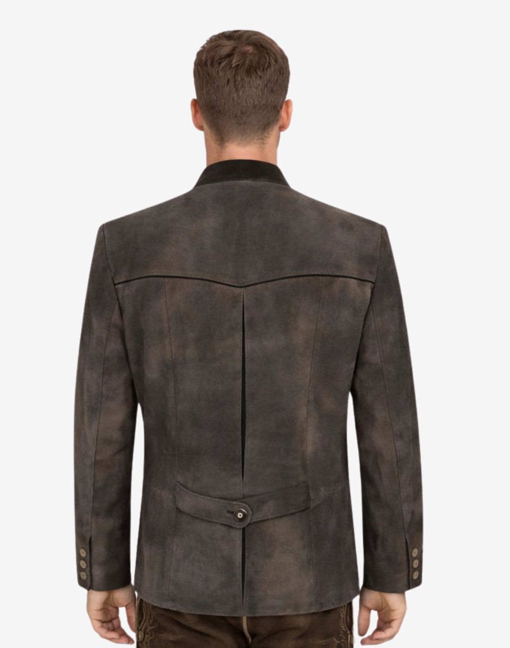 Back view of model wearing Classic German Leather Trachten Jacket featuring vintage alpine tailoring and adjustable back strap