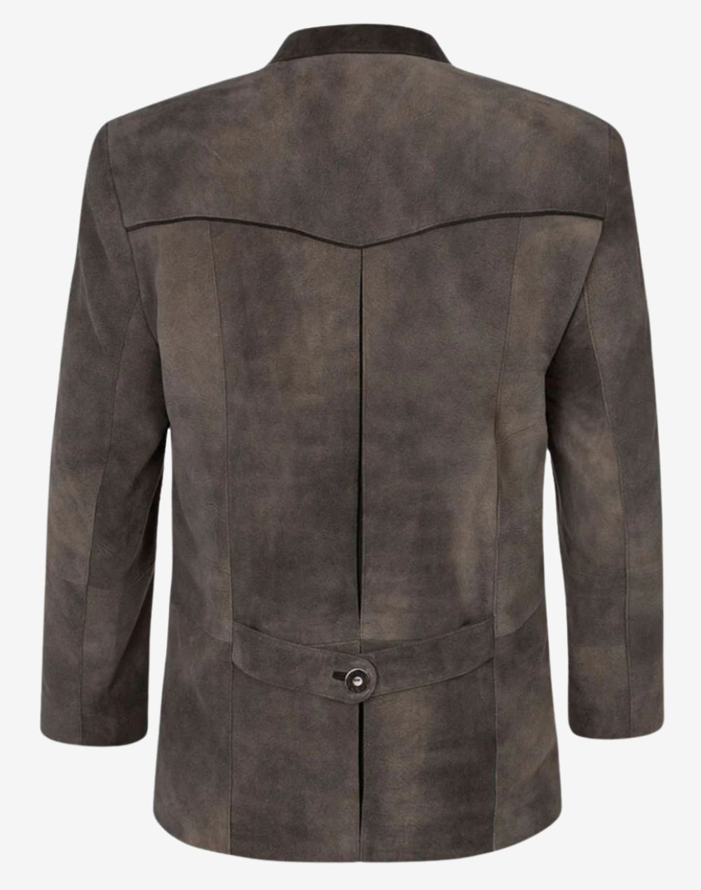 Rear view of classic German leather trachten jacket showing tailored back panel, adjustable waist strap and authentic Bavarian style finish