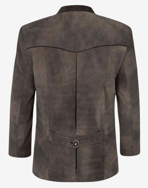 Rear view of classic German leather trachten jacket showing tailored back panel, adjustable waist strap and authentic Bavarian style finish