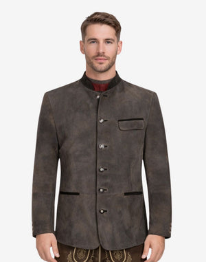 Front view of model wearing Classic German Leather Trachten Jacket in rustic brown with traditional Bavarian stand collar and buttons