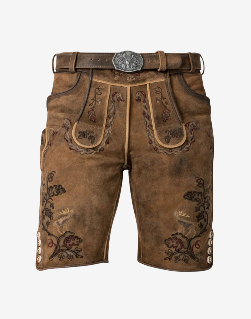 Front view of classic German lederhosen for men in brown leather with traditional Bavarian embroidery and decorative belt buckle