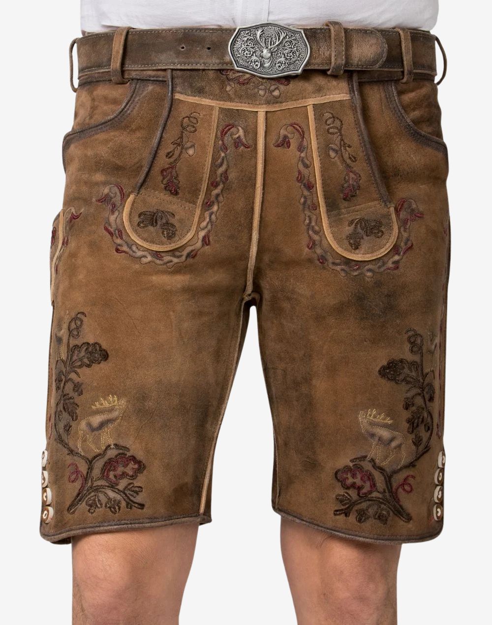 Brown leather shorts with floral embroidery and a belt on a white background