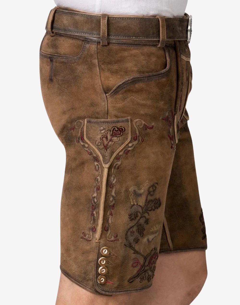 Brown leather shorts with embroidery on a white background