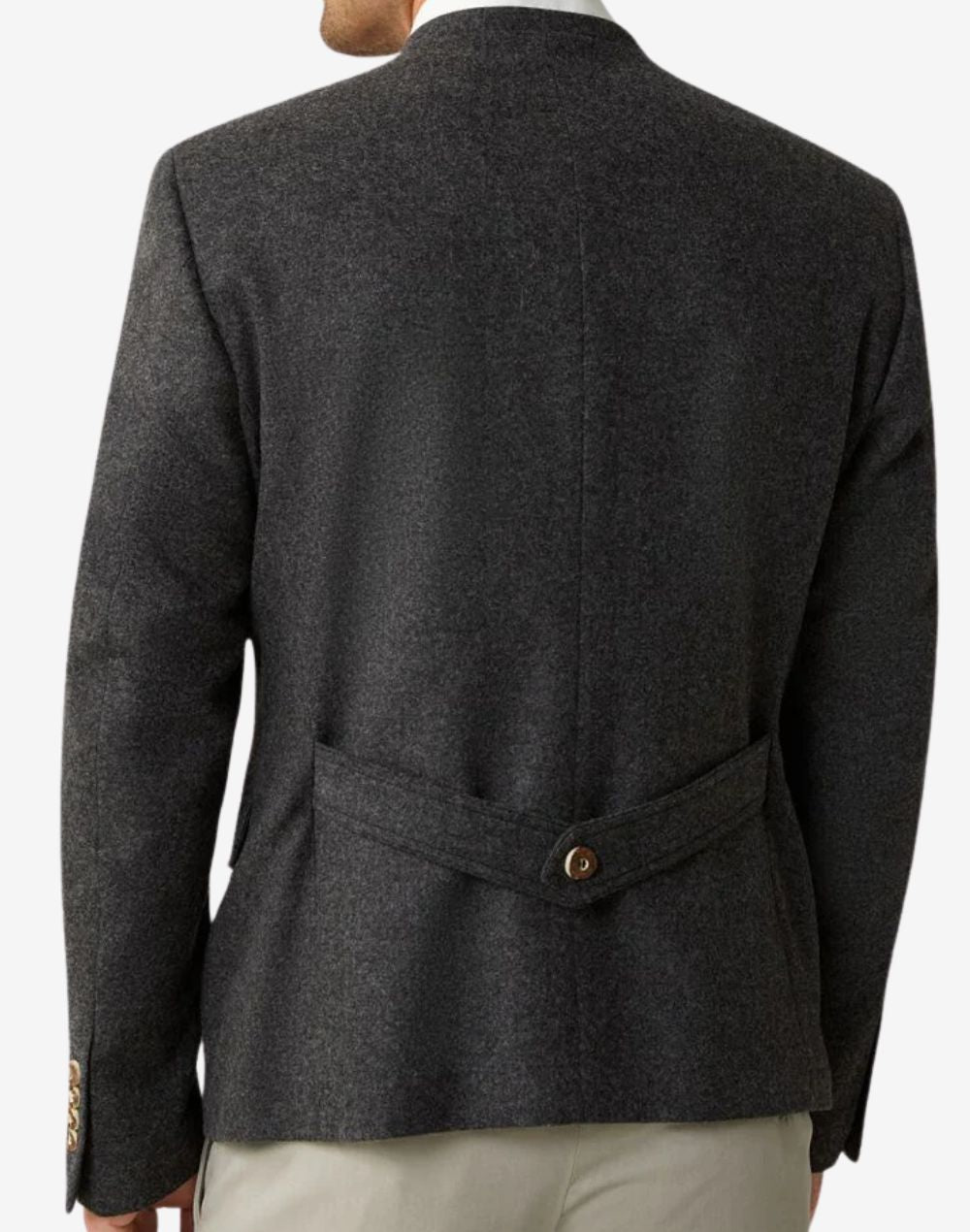 Back view of classic grey Bavarian jacket for men showing clean tailored silhouette, adjustable back strap detail, high-quality fabric, and traditional German Trachten outerwear design.