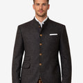 Front view of classic grey Bavarian jacket for men featuring traditional Trachten design, stand collar, horn-style buttons, tailored fit, and elegant Oktoberfest attire