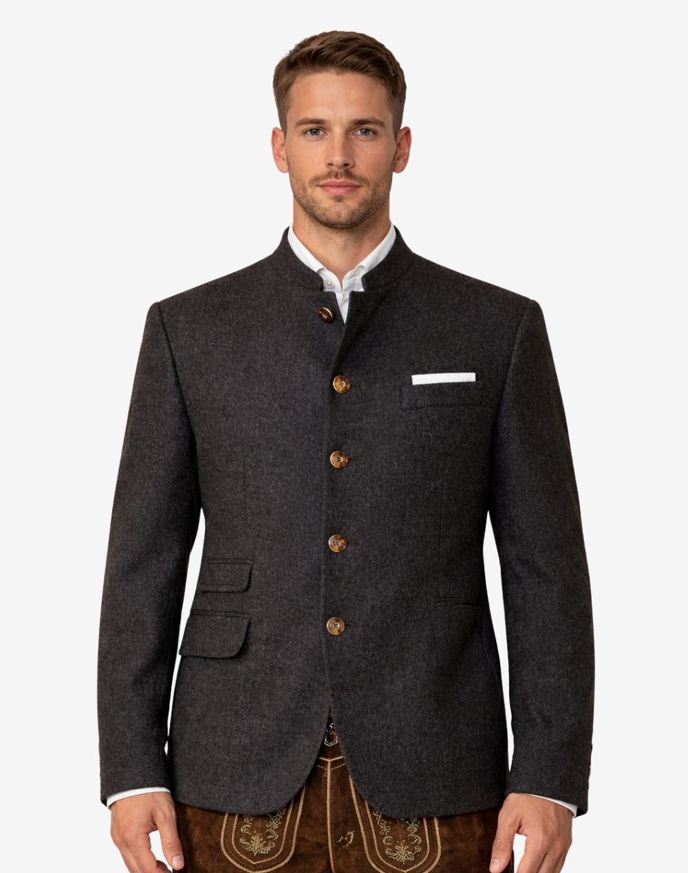 Front view of classic grey Bavarian jacket for men featuring traditional Trachten design, stand collar, horn-style buttons, tailored fit, and elegant Oktoberfest attire