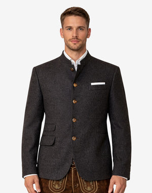 Front view of classic grey Bavarian jacket for men featuring traditional Trachten design, stand collar, horn-style buttons, tailored fit, and elegant Oktoberfest attire